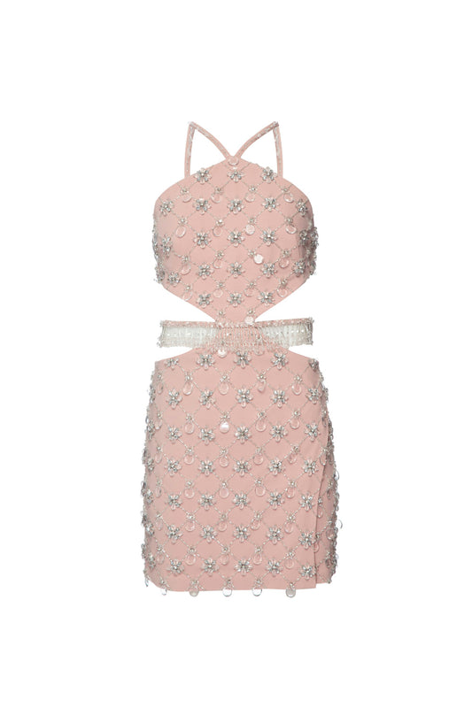 Vestido curto bordado frente única crepe crystal nude
