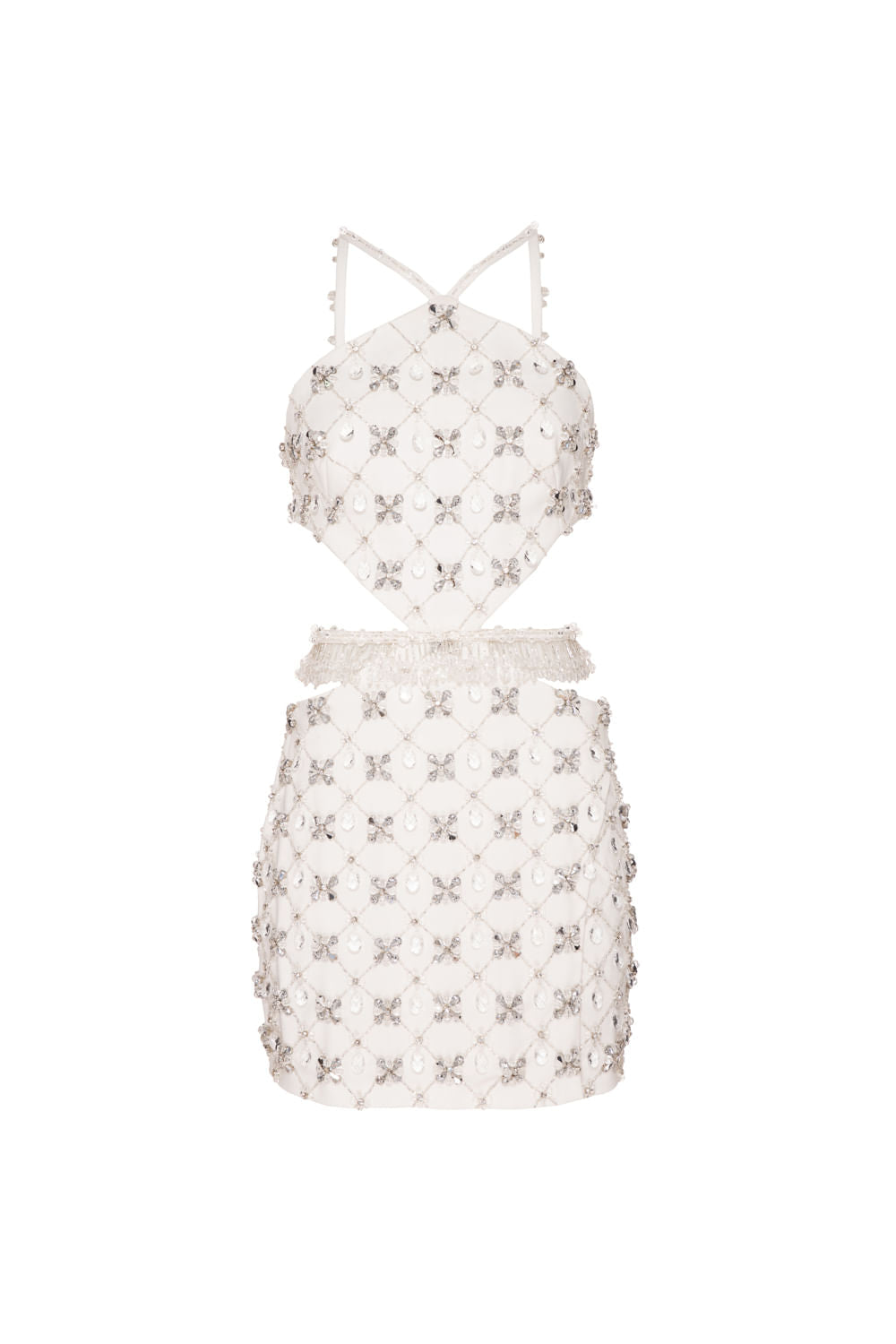 VESTIDO CURTO BORDADO FRENTE ÚNICA CREPE CRYSTAL OFF WHITE