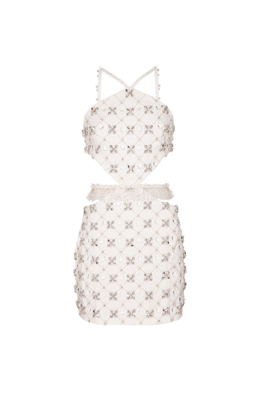 Vestido curto bordado frente única crepe crystal off white