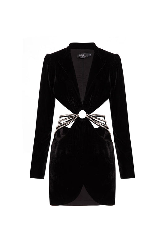 VESTIDO CURTO ARGOLA VELUDO CRYSTAL PRETO