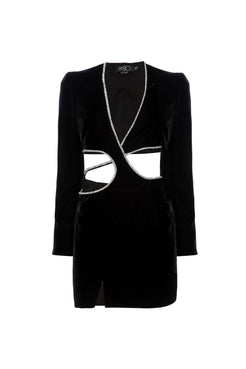 Vestido curto recortes veludo crystal preto