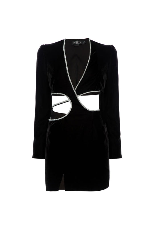 Vestido curto recortes veludo crystal preto
