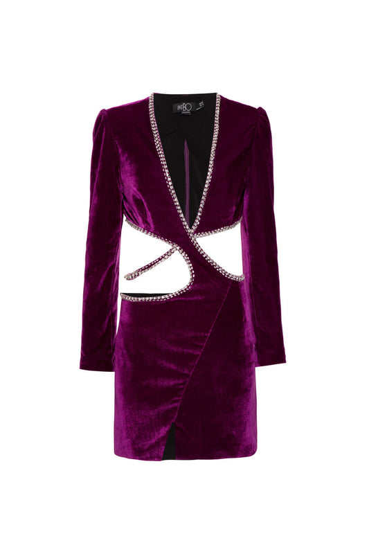 Vestido curto recortes veludo crystal roxo