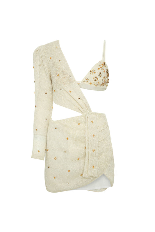 VESTIDO CURTO MANGA ÚNICA OFF WHITE