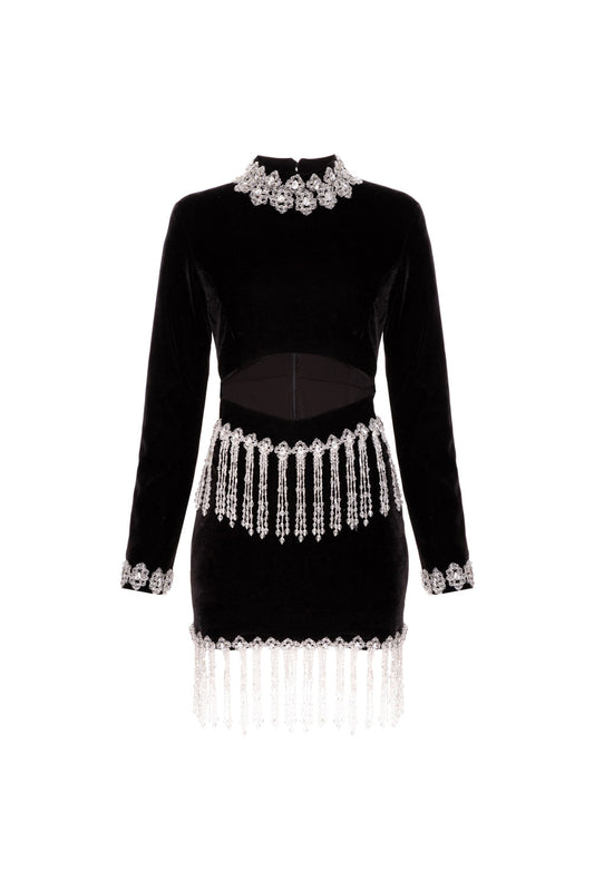 VESTIDO CURTO VAZADO VELUDO CRYSTAL PRETO