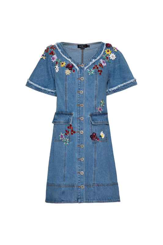 vestido curto jeans bordado enjoy azul jeans