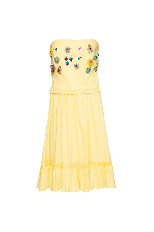 Vestido curto bordado tricoline jane amarelo
