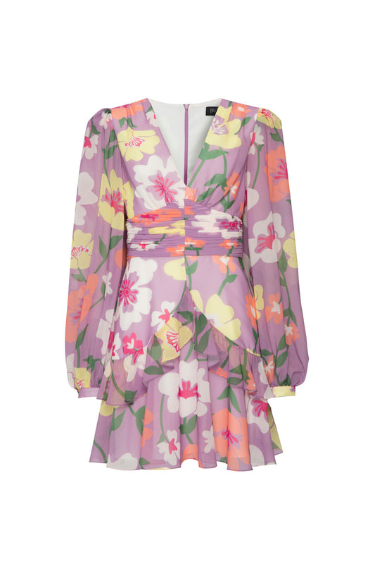 VESTIDO CURTO MANGA LONGA RETRÔ FLOWER LILAS