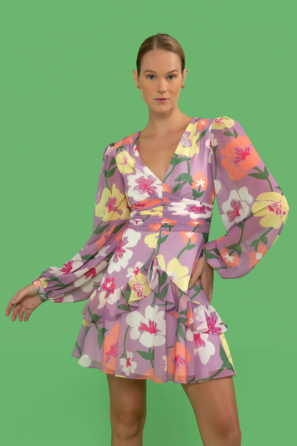 VESTIDO CURTO MANGA LONGA RETRÔ FLOWER LILAS