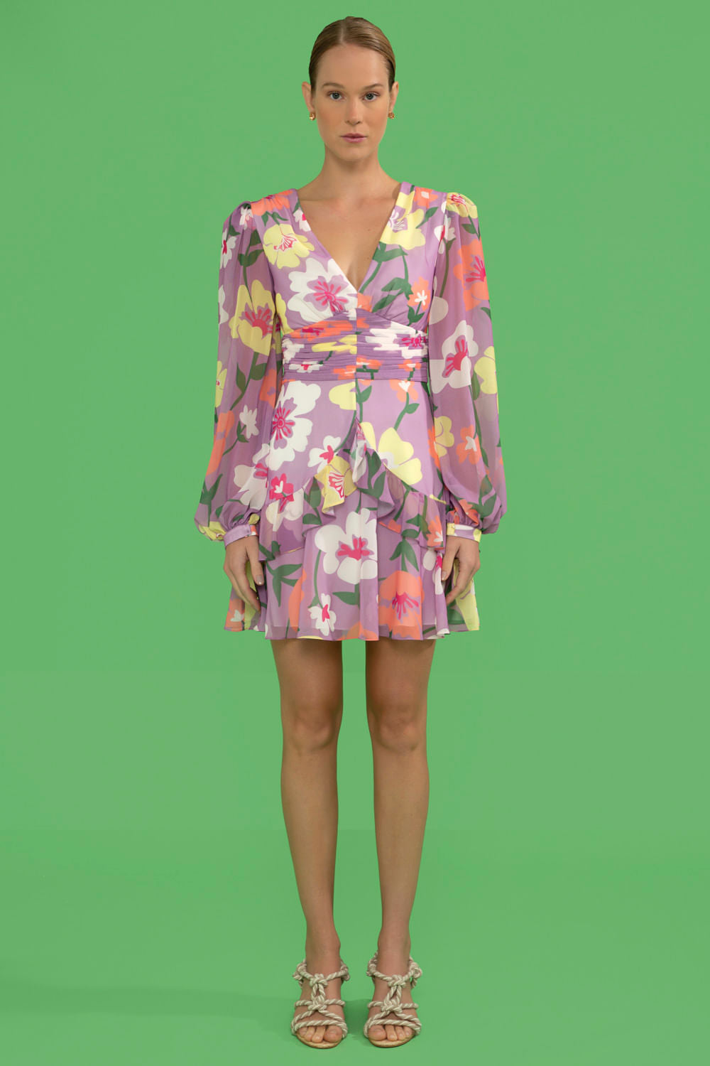 VESTIDO CURTO MANGA LONGA RETRÔ FLOWER LILAS