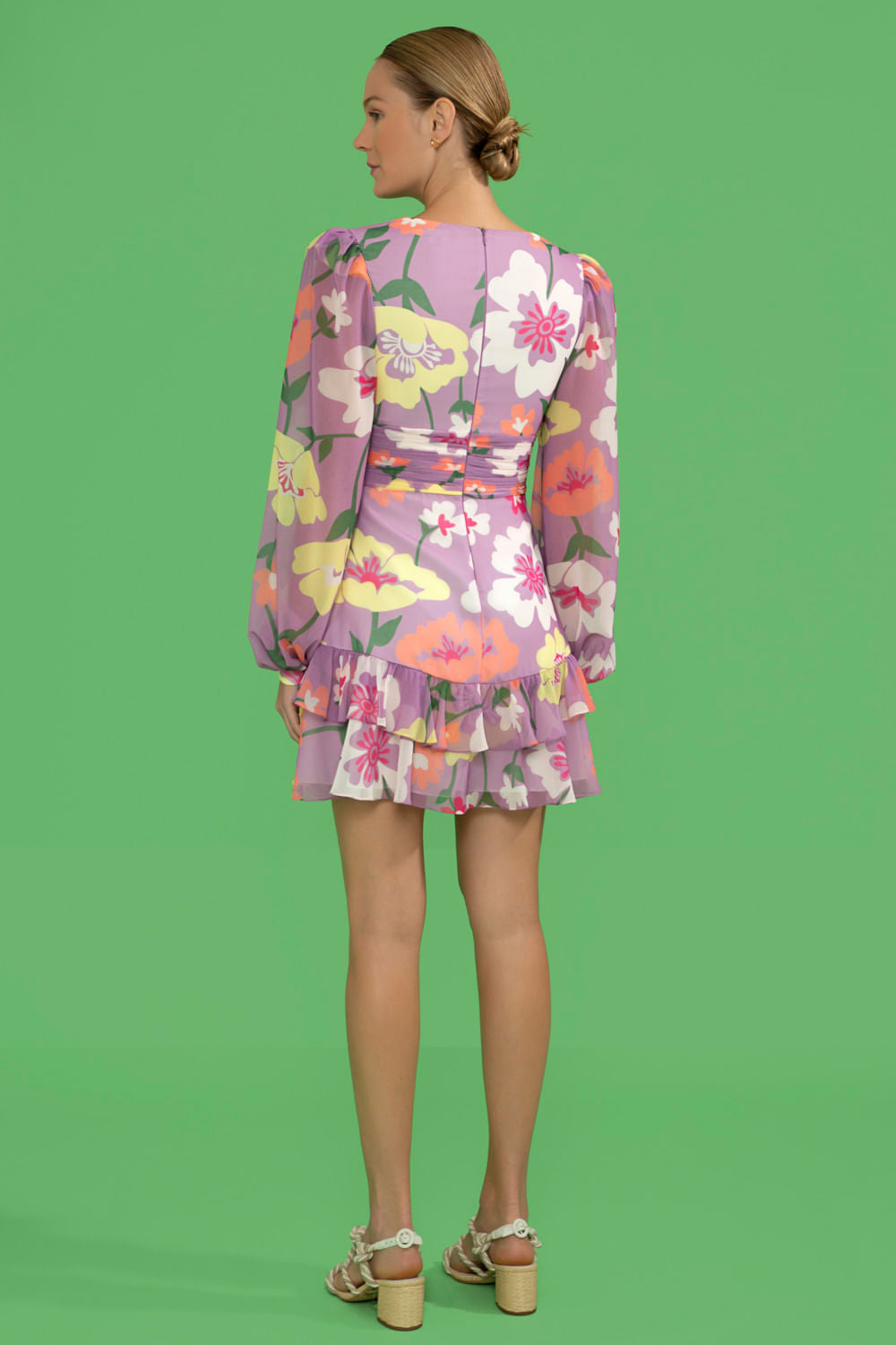 VESTIDO CURTO MANGA LONGA RETRÔ FLOWER LILAS