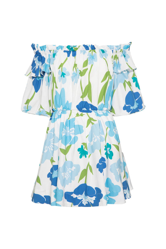 VESTIDO CURTO OMBRO A OMBRO RETRÔ FLOWER OFF WHITE