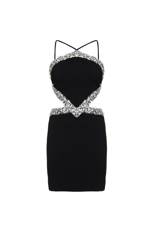Vestido curto recortes pedraria crepe crystal preto