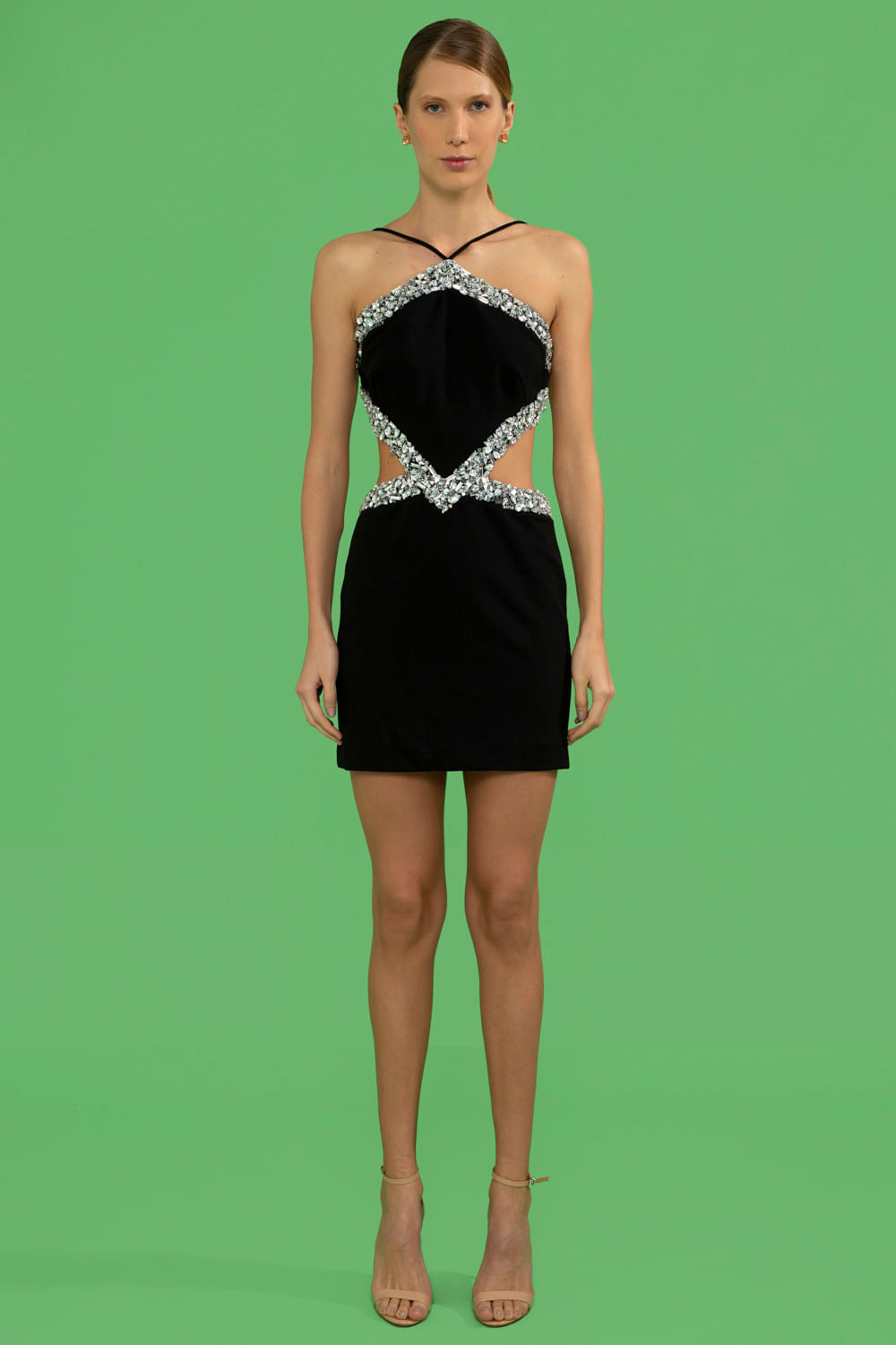 VESTIDO CURTO RECORTES PEDRARIA CREPE CRYSTAL PRETO