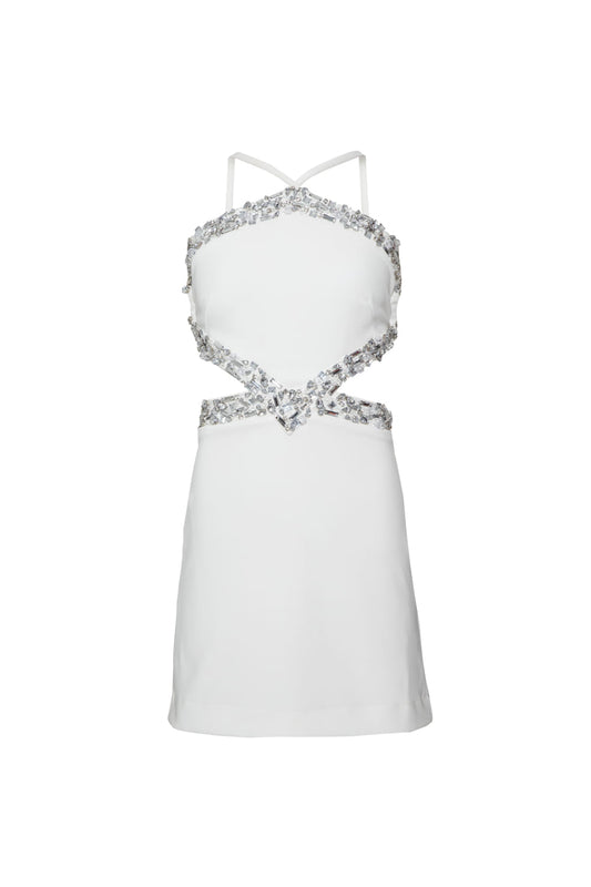 Vestido curto recortes pedraria crepe crystal off white