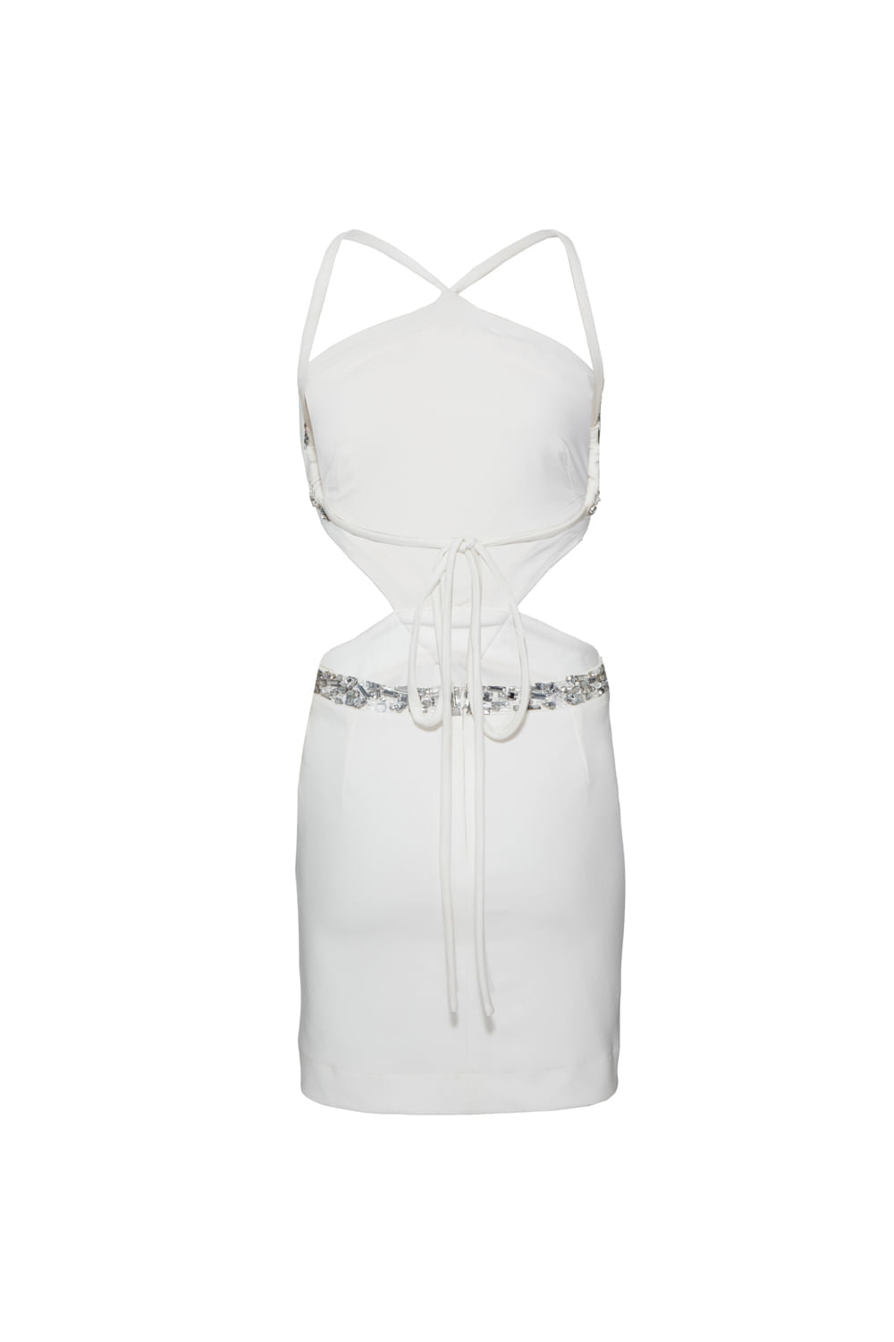 VESTIDO CURTO RECORTES PEDRARIA CREPE CRYSTAL OFF WHITE