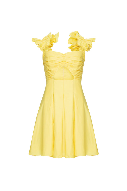 VESTIDO CURTO MANGA BABADOS TRICOLINE JANE AMARELO