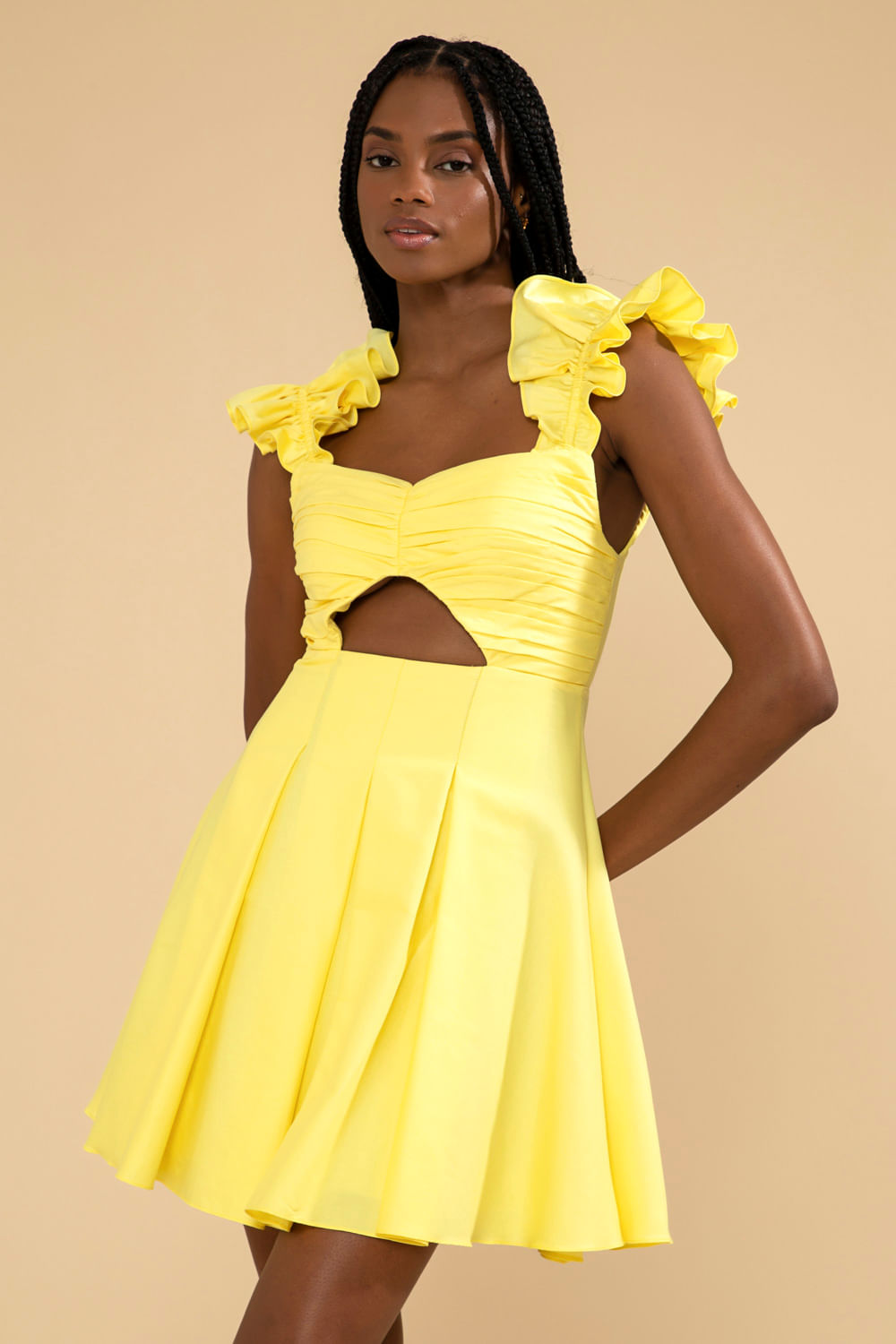 VESTIDO CURTO MANGA BABADOS TRICOLINE JANE AMARELO