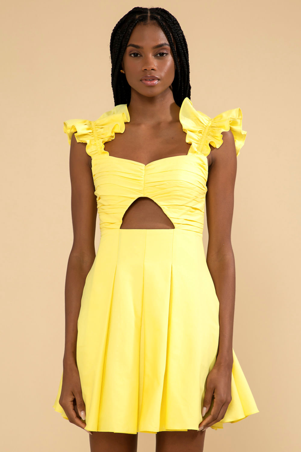 VESTIDO CURTO MANGA BABADOS TRICOLINE JANE AMARELO