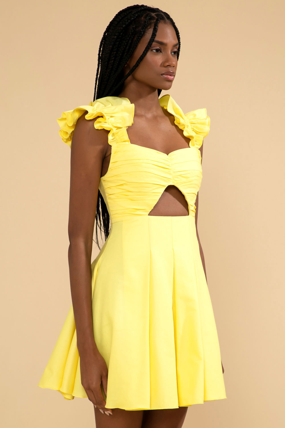 VESTIDO CURTO MANGA BABADOS TRICOLINE JANE AMARELO