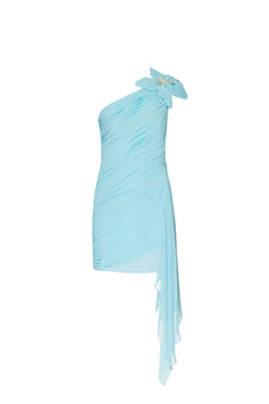 VESTIDO CURTO OMBRO ÚNICO CHIFFON ÍRIS AZUL