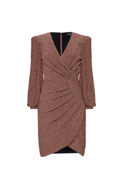 VESTIDO CURTO PREGAS LUREX BARDOT COBRE