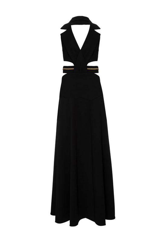 VESTIDO LONGO DECOTE PALA CREPE CHAIN PRETO