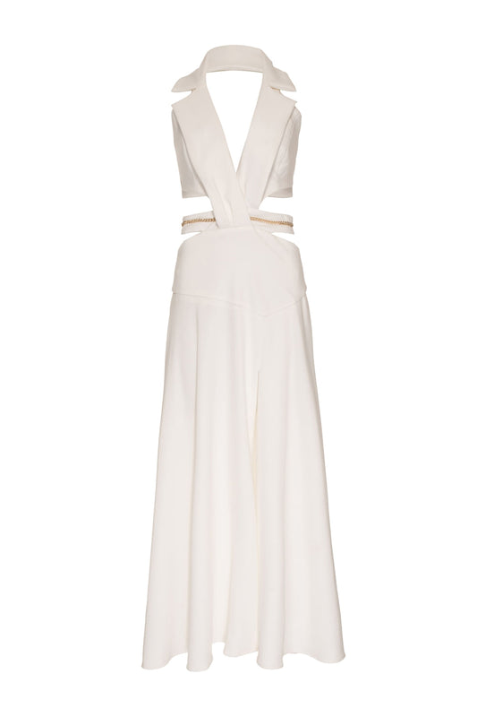 VESTIDO LONGO DECOTE PALA CREPE CHAIN OFF WHITE
