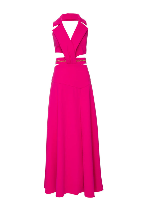 VESTIDO LONGO DECOTE PALA CREPE CHAIN PINK