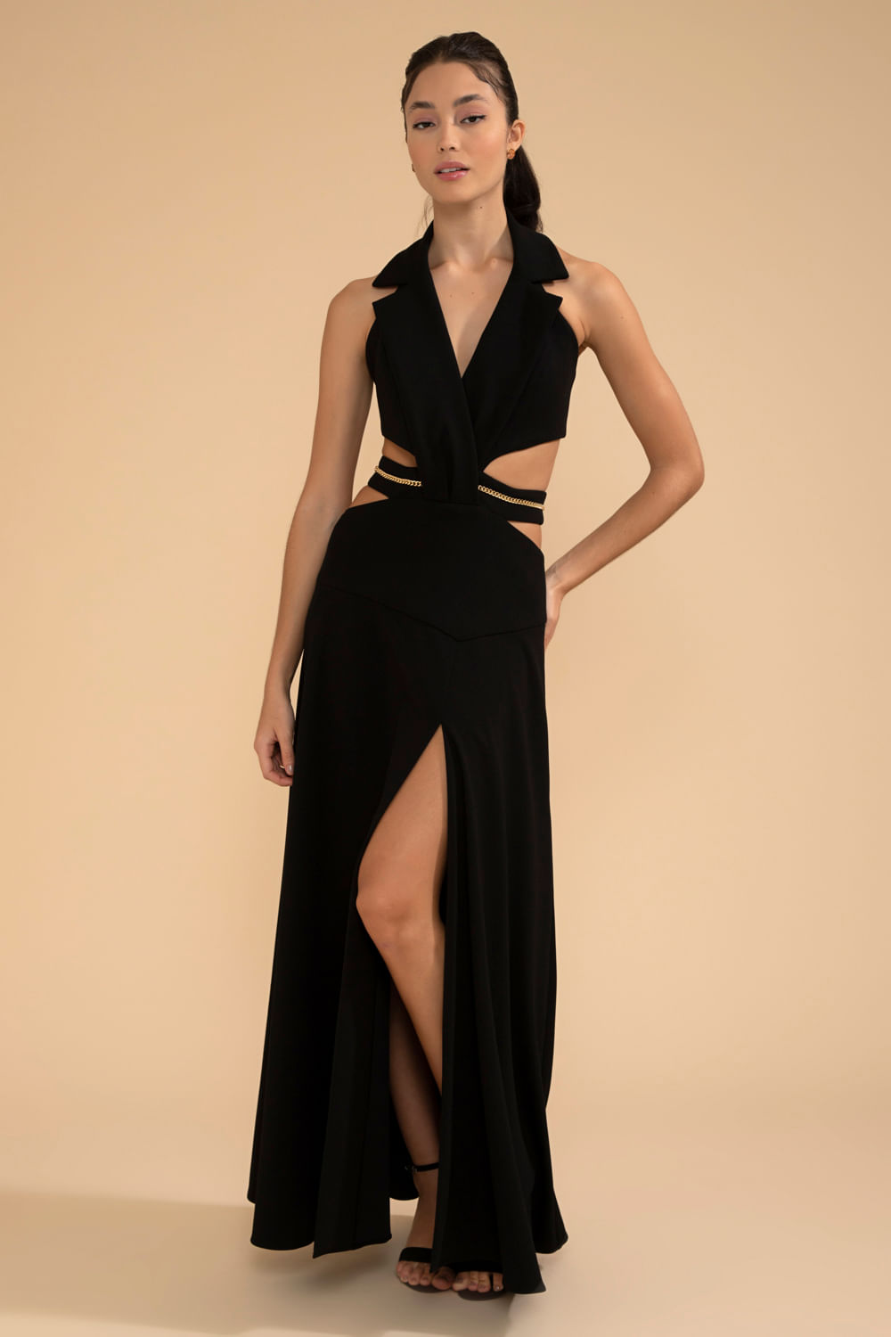 VESTIDO LONGO DECOTE PALA CREPE CHAIN PRETO