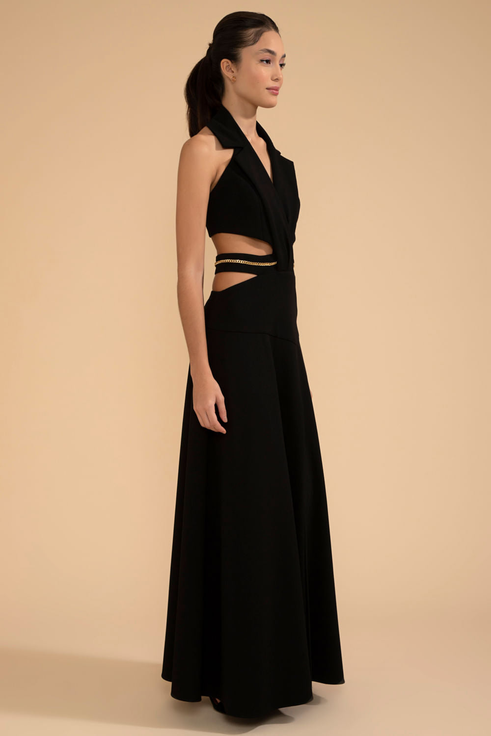 VESTIDO LONGO DECOTE PALA CREPE CHAIN PRETO