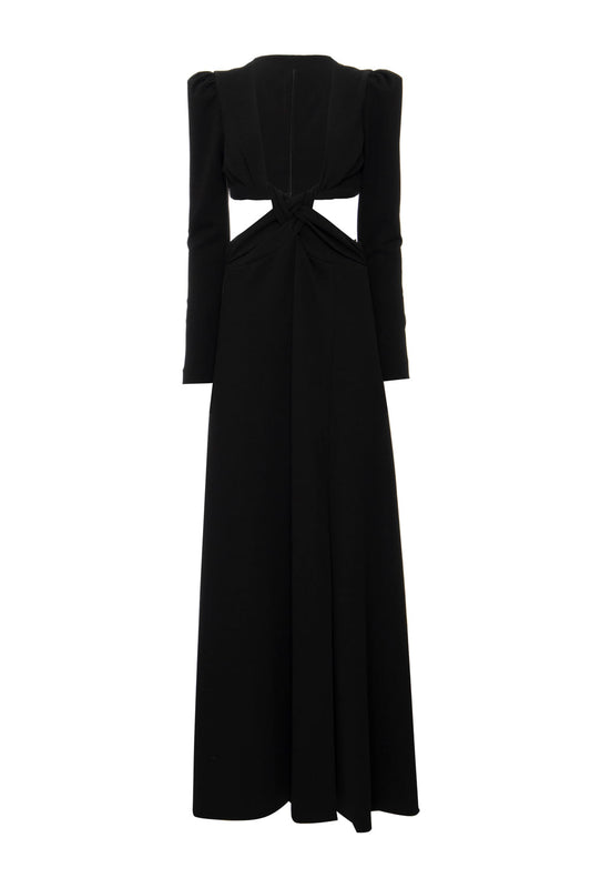 VESTIDO LONGO DECOTE TRANÇADO CREPE CHAIN PRETO