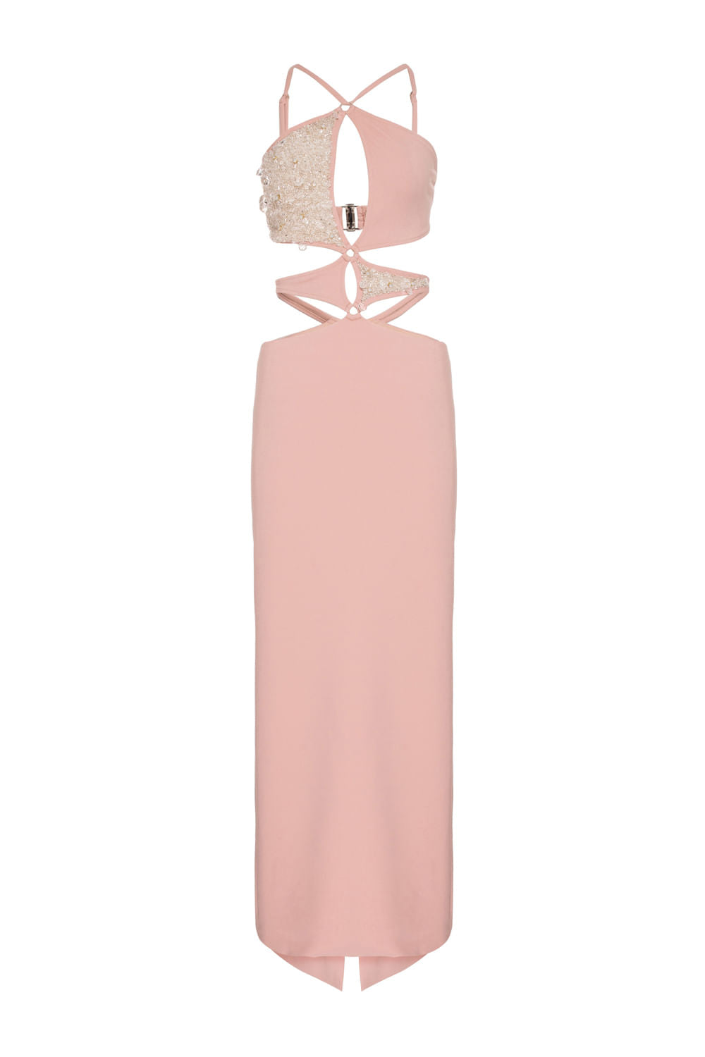 Vestido longo busto bordado crepe crystal nude