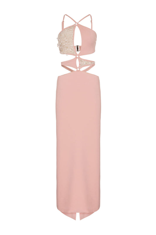 Vestido longo busto bordado crepe crystal nude