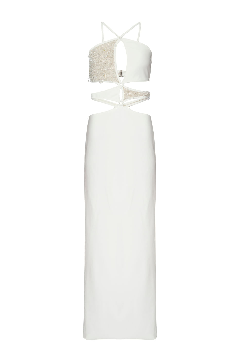 VESTIDO LONGO BUSTO BORDADO CREPE CRYSTAL OFF WHITE