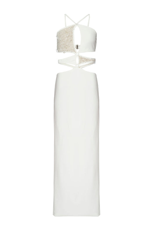 Vestido longo busto bordado crepe crystal off white