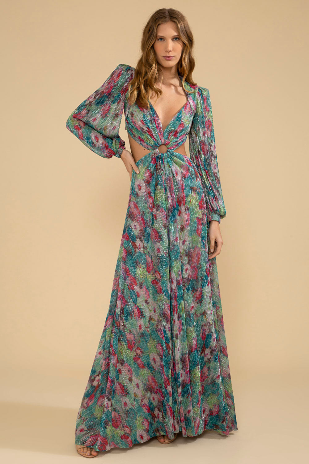 VESTIDO LONGO ARGOLA GARDEN COSMOS VERDE