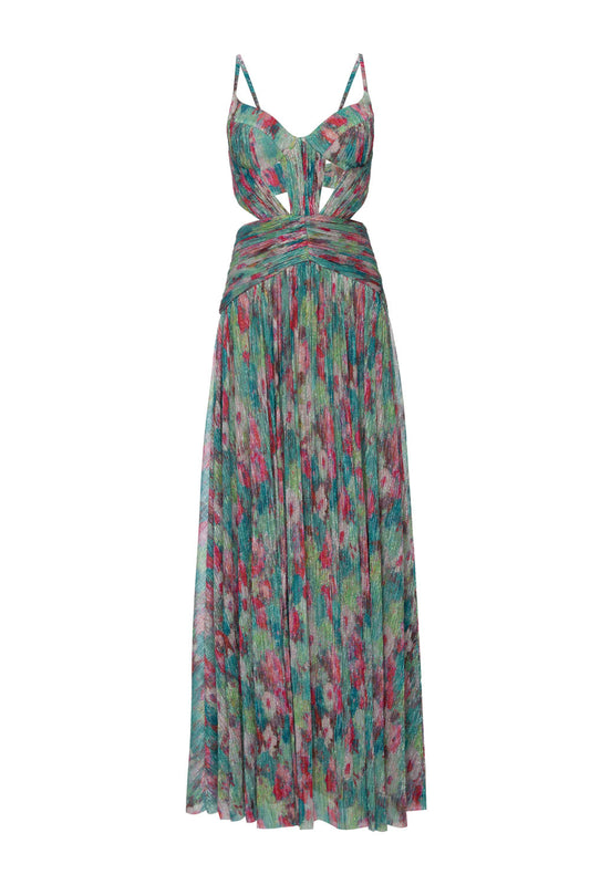 Vestido longo recortes garden cosmos verde