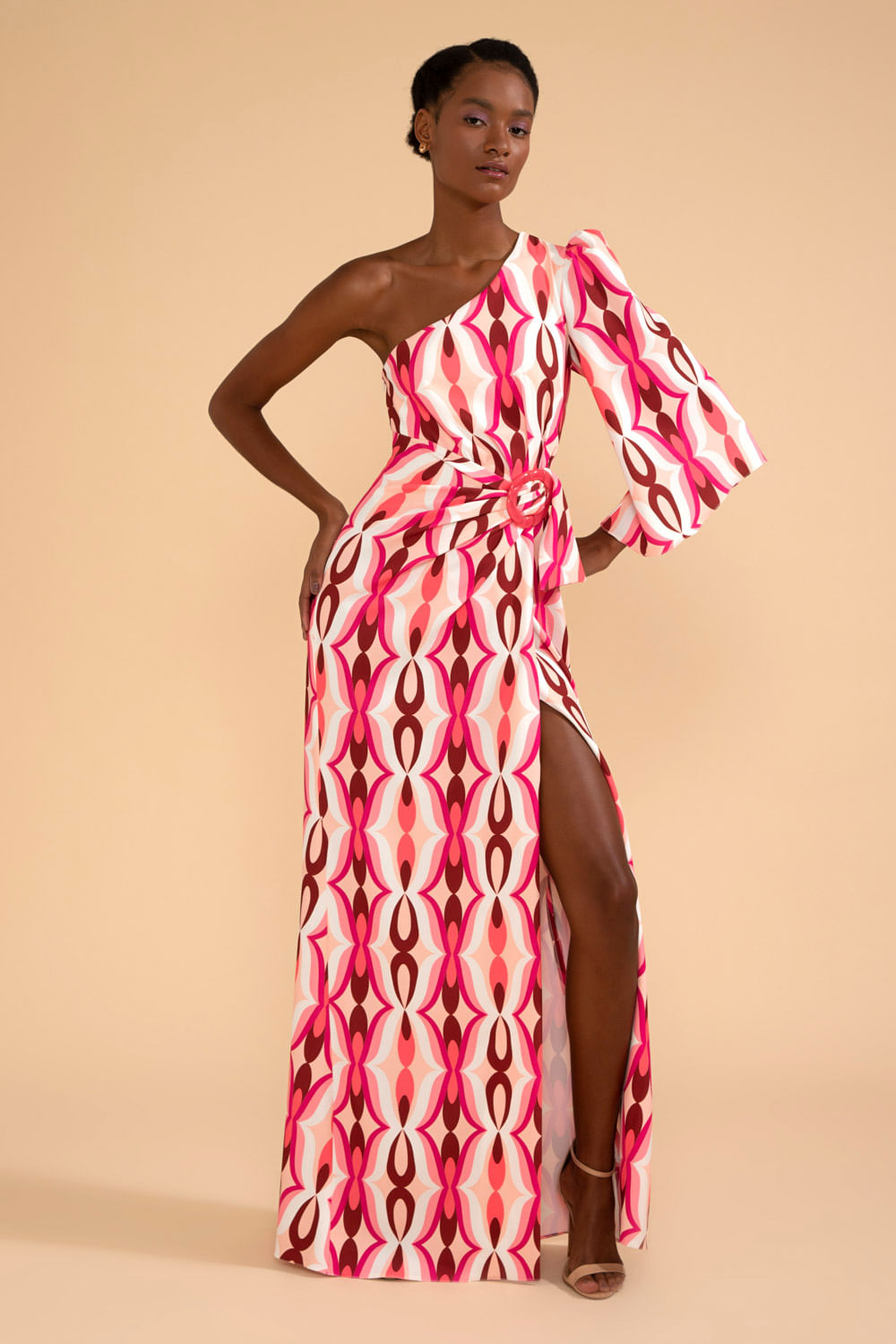 VESTIDO LONGO MANGA ÚNICA TWIST ROSA