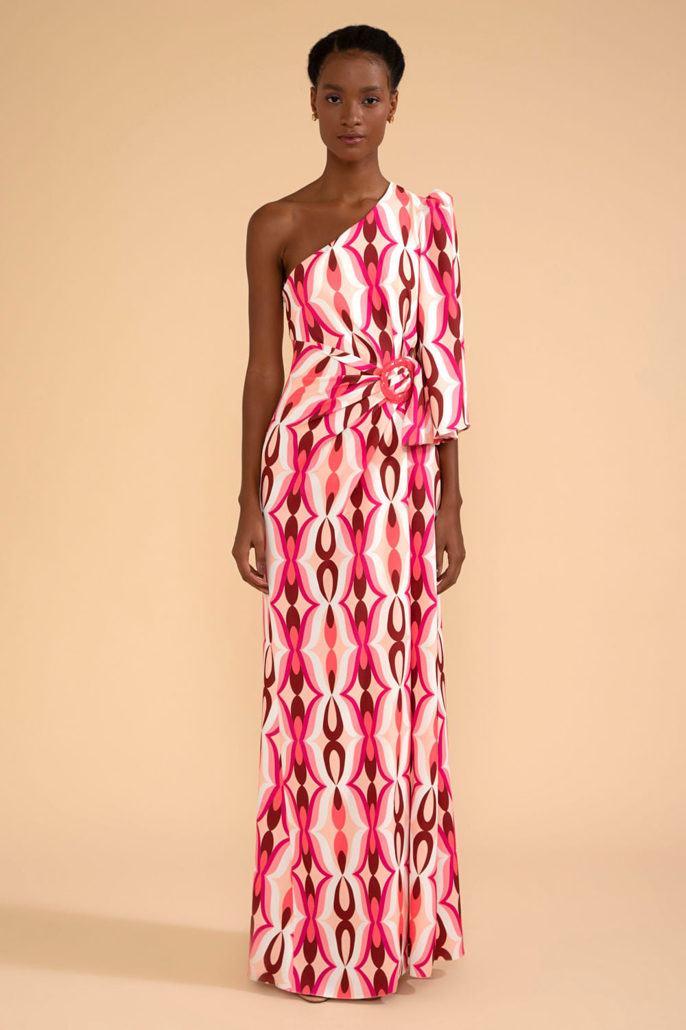 VESTIDO LONGO MANGA ÚNICA TWIST ROSA