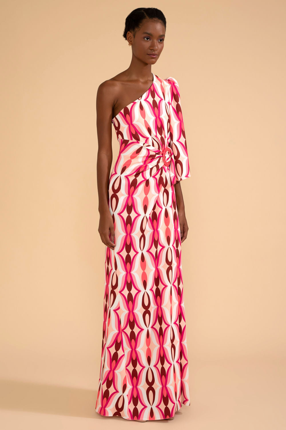 VESTIDO LONGO MANGA ÚNICA TWIST ROSA