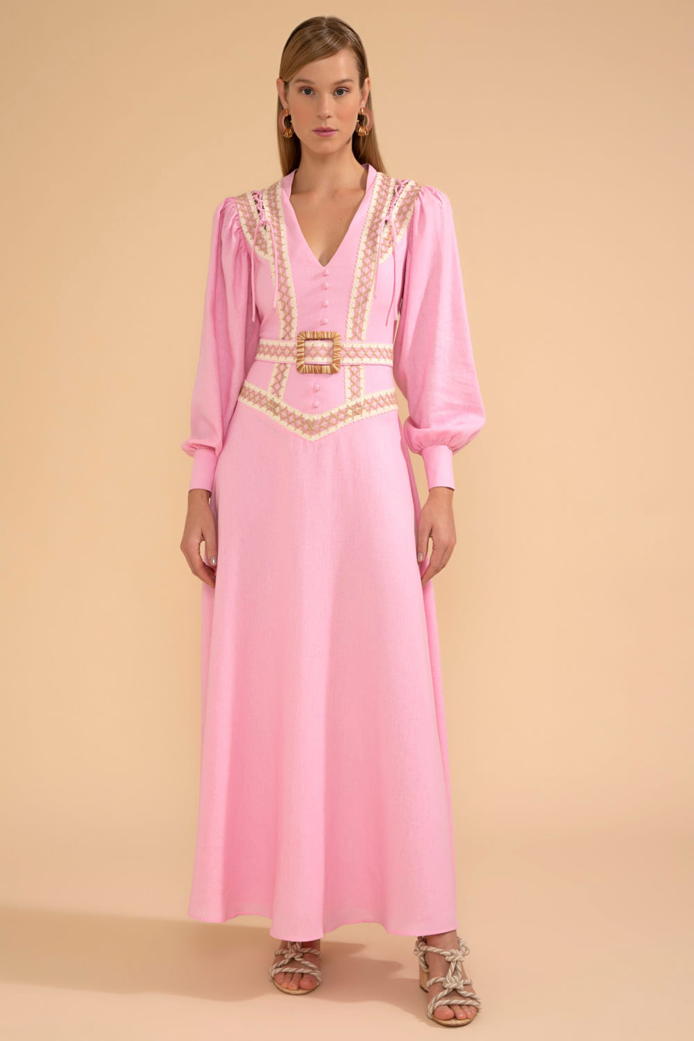 VESTIDO LONGO ENTREMEIO LINHO FRENCH ROSA