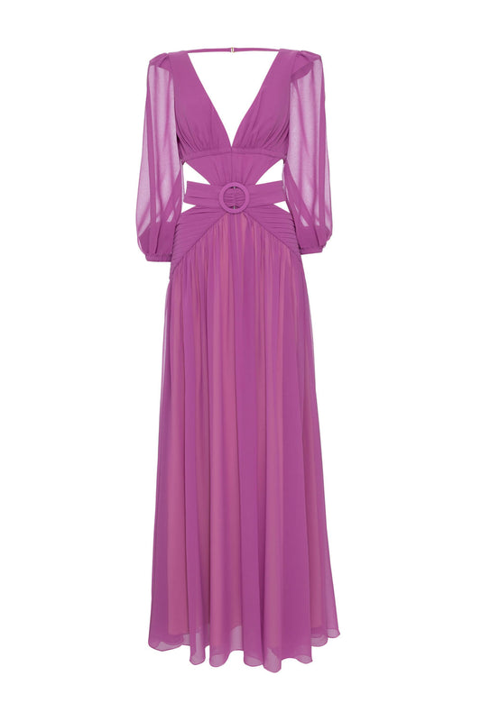 VESTIDO LONGO RECORTES ARGOLA CHIFFON ÍRIS LILAS