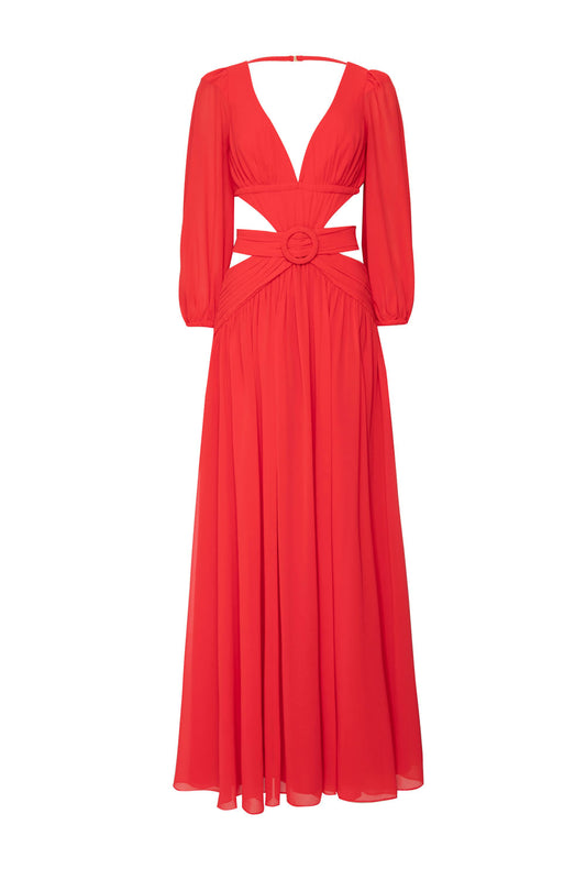VESTIDO LONGO RECORTES ARGOLA CHIFFON ÍRIS VERMELHO