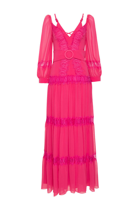 VESTIDO LONGO BOTÕES CHIFFON ÍRIS PINK