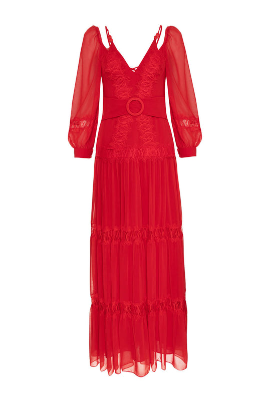 VESTIDO LONGO BOTÕES CHIFFON ÍRIS VERMELHO