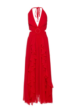 VESTIDO LONGO BABADOS CHIFFON ÍRIS VERMELHO