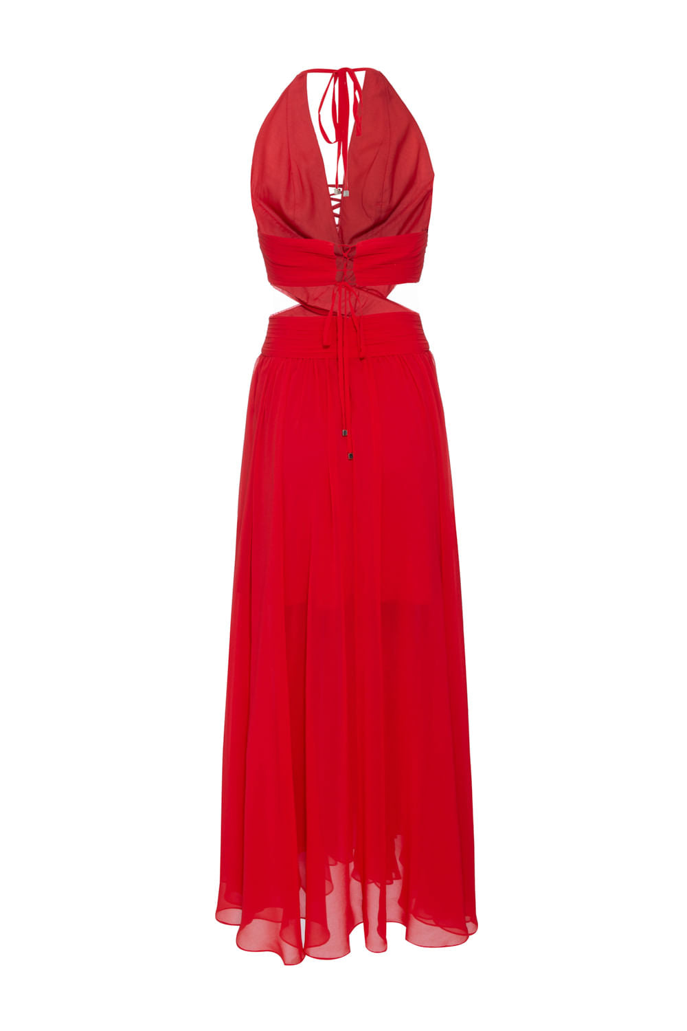 VESTIDO LONGO BABADOS CHIFFON ÍRIS VERMELHO