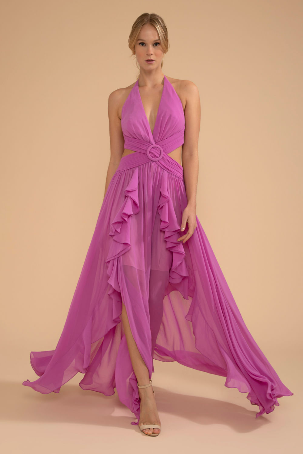 VESTIDO LONGO BABADOS CHIFFON ÍRIS LILAS