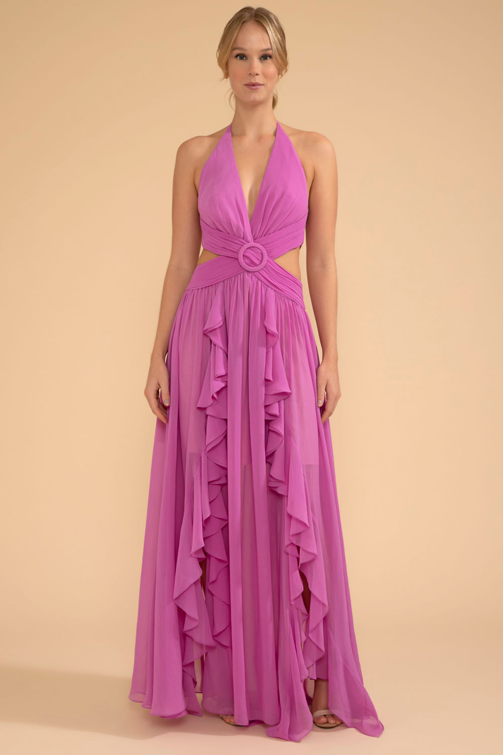 VESTIDO LONGO BABADOS CHIFFON ÍRIS LILAS